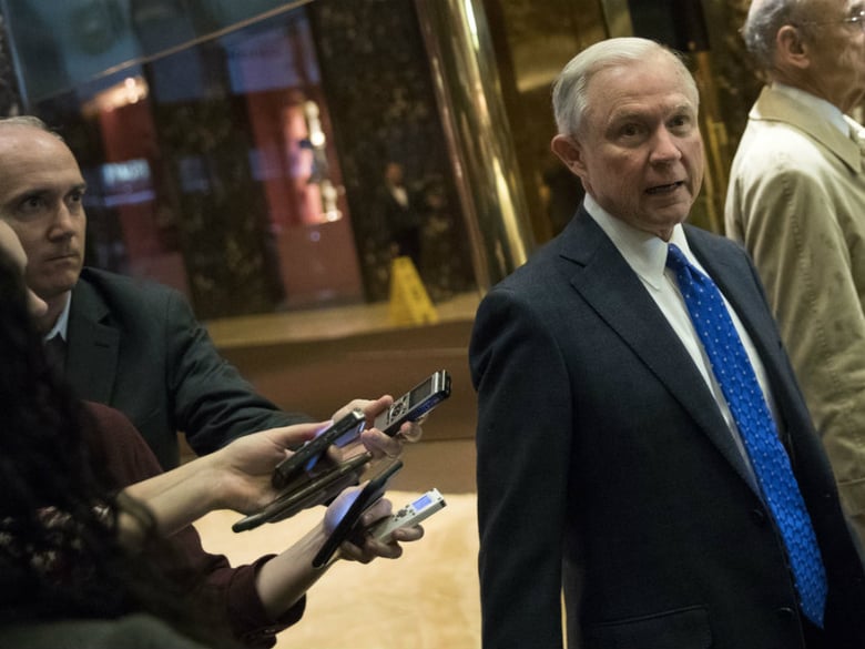 Alabama Sen. Jeff Sessions at Trump Tower in New York City on Thursday. Many in the multibillion-dollar marijuana industry fear what his nomination for attorney general would spell for business.